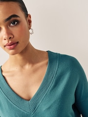 Teal Blue Cosy Lightweight Soft Touch Longline V-Neck Jumper Top - Image 3 of 5