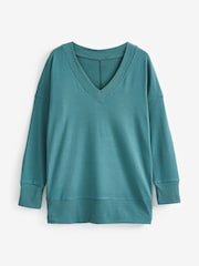 Teal Blue Cosy Lightweight Soft Touch Longline V-Neck Jumper Top - Image 4 of 5