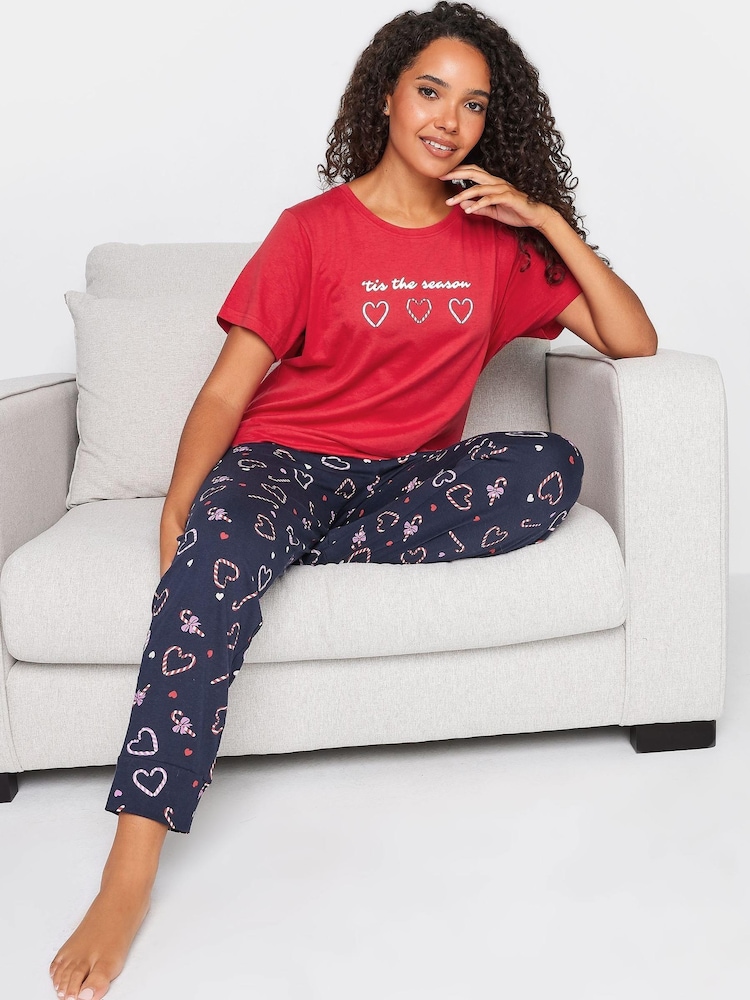 M&Co Red Tis The Season Candy Cane Cuffed PJ Set - Image 1 of 4