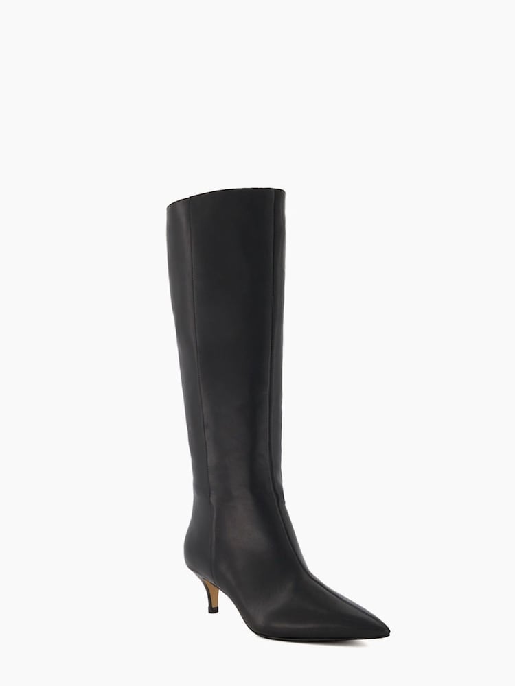 Dune London Black Standard Fit Smooth Kitten Heel Point Knee-High Boots - Image 1 of 5