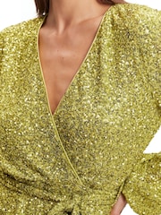 Bardot Green Sequin Bellissa Mini Wrap Dress - Image 6 of 6
