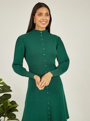 Yumi Green Knitted Button Up Midi Dress With Balloon Sleeves - Image 1 of 5
