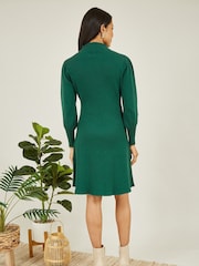 Yumi Green Knitted Button Up Midi Dress With Balloon Sleeves - Image 2 of 5