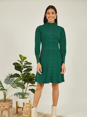 Yumi Green Knitted Button Up Midi Dress With Balloon Sleeves - Image 3 of 5