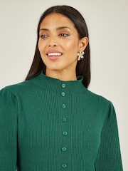 Yumi Green Knitted Button Up Midi Dress With Balloon Sleeves - Image 4 of 5