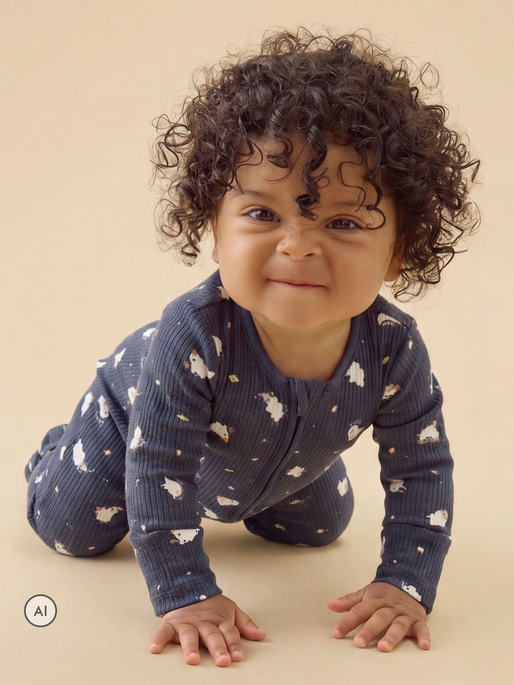 MORI Navy Ghost Print Blue Ribbed Halloween Two Way Zip-Up Sleepsuit - Image 1 of 4 MORI Navy Ghost Print Blue Ribbed Halloween Two Way Zip-Up Sleepsuit - Image 1 of 4