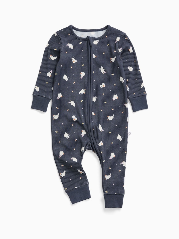 MORI Navy Ghost Print Blue Ribbed Halloween Two Way Zip-Up Sleepsuit - Image 2 of 4 MORI Navy Ghost Print Blue Ribbed Halloween Two Way Zip-Up Sleepsuit - Image 2 of 4