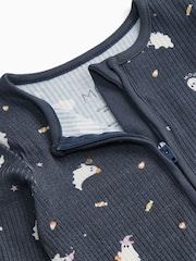 MORI Navy Ghost Print Blue Ribbed Halloween Two Way Zip-Up Sleepsuit - Image 4 of 4