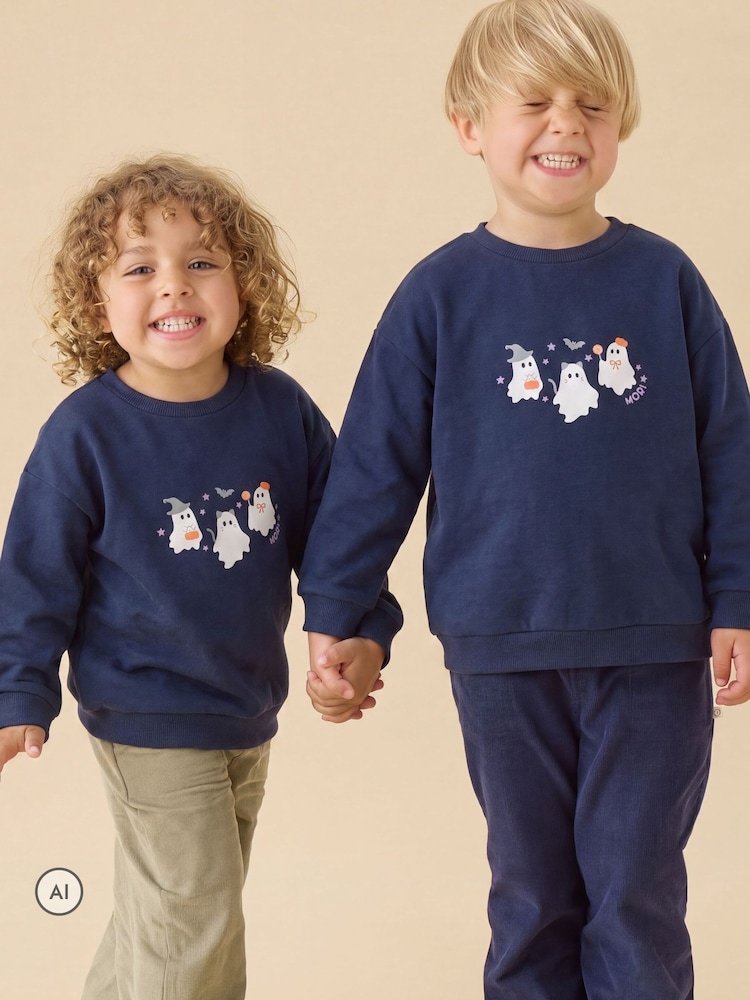 MORI Navy Blue Ghost Placement Print Halloween Sweatshirt - Image 1 of 3 MORI Navy Blue Ghost Placement Print Halloween Sweatshirt - Image 1 of 3