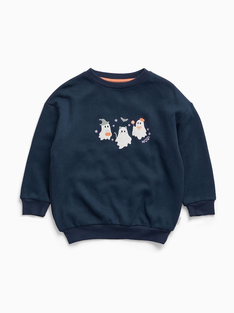 MORI Navy Blue Ghost Placement Print Halloween Sweatshirt - Image 2 of 3 MORI Navy Blue Ghost Placement Print Halloween Sweatshirt - Image 2 of 3