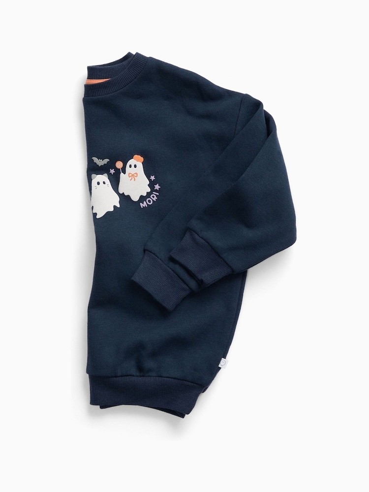 MORI Navy Blue Ghost Placement Print Halloween Sweatshirt - Image 3 of 3 MORI Navy Blue Ghost Placement Print Halloween Sweatshirt - Image 3 of 3