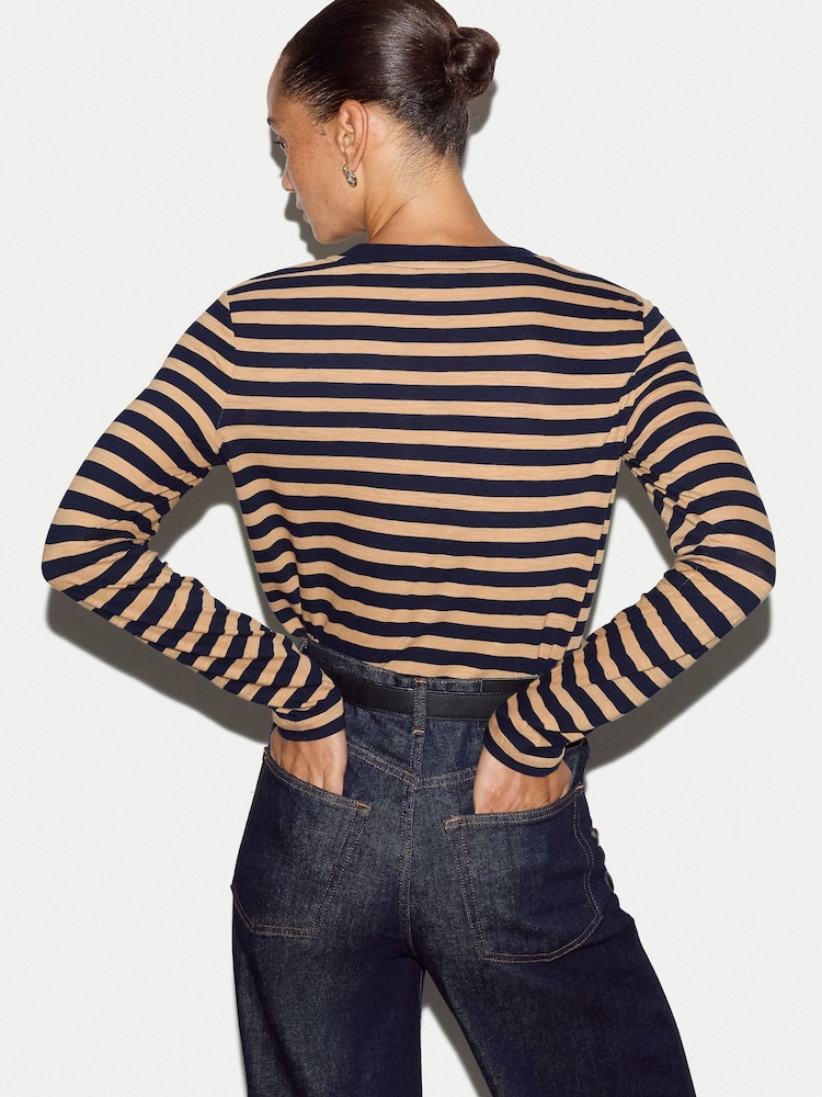 Jigsaw Cream Stripe Long Sleeve 100% Cotton T-Shirt - Image 2 of 5