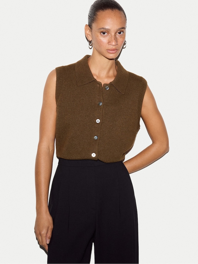 Jigsaw Brown Compact Wool Collar Waistcoat - Image 1 of 5