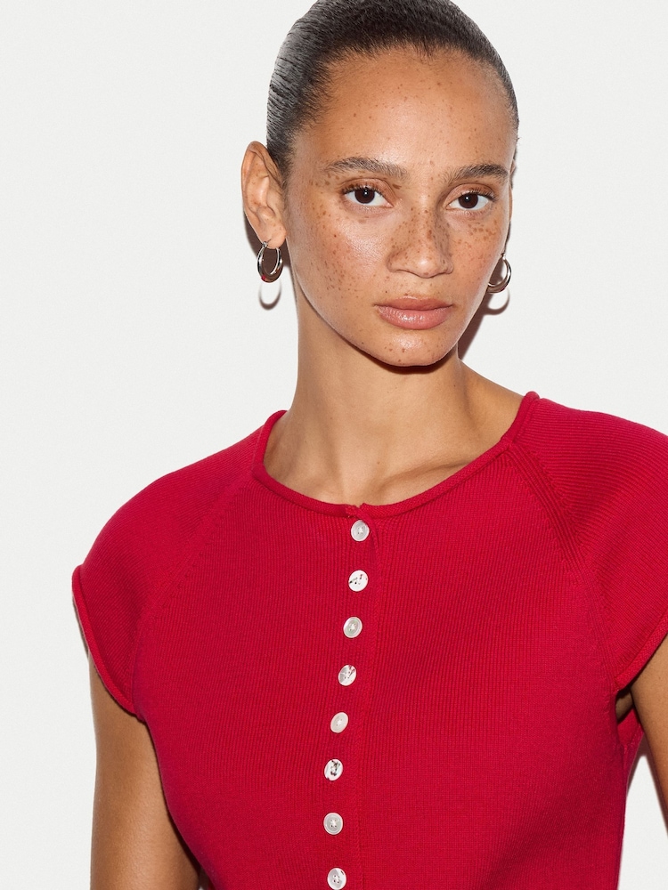 Jigsaw Red Cotton Button Knitted Top - Image 2 of 5 Jigsaw Red Cotton Button Knitted Top - Image 2 of 5