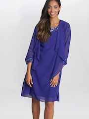 Gina Bacconi Blue Joseline Short Chiffon Jacket Dress With Beaded Neckline - Image 1 of 6