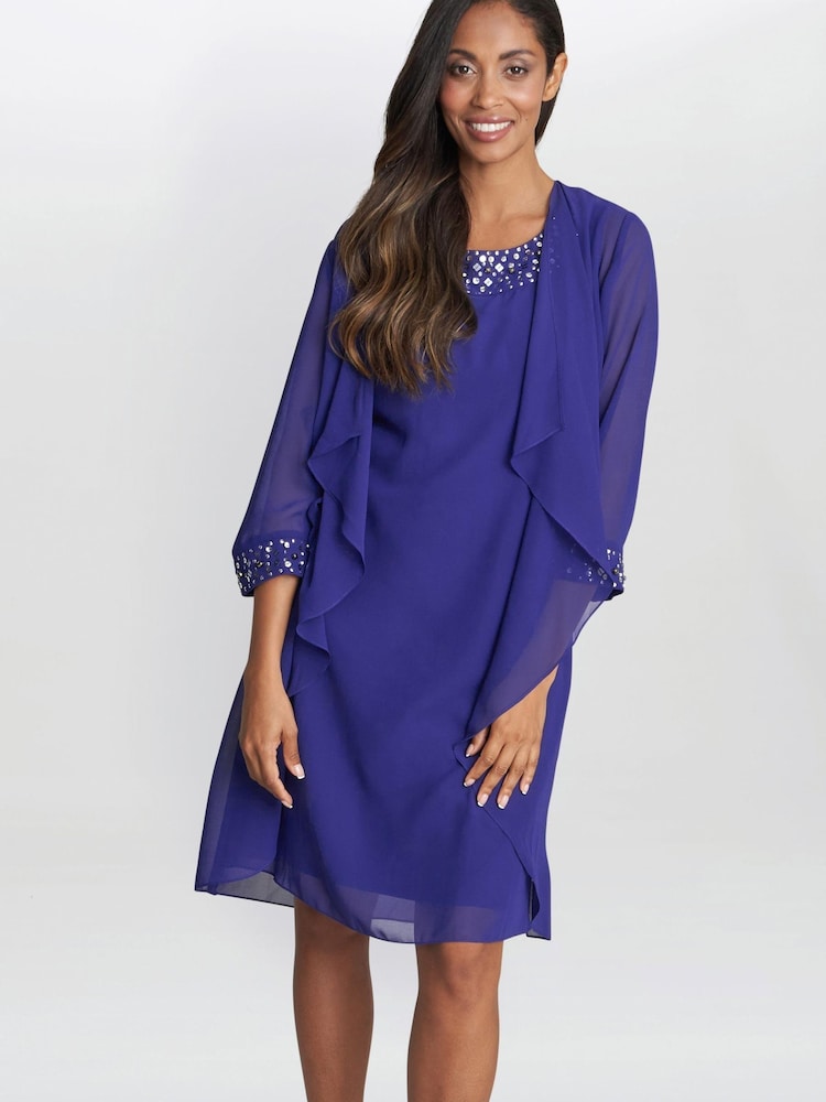 Gina Bacconi Blue Joseline Short Chiffon Jacket Dress With Beaded Neckline - Image 1 of 6
