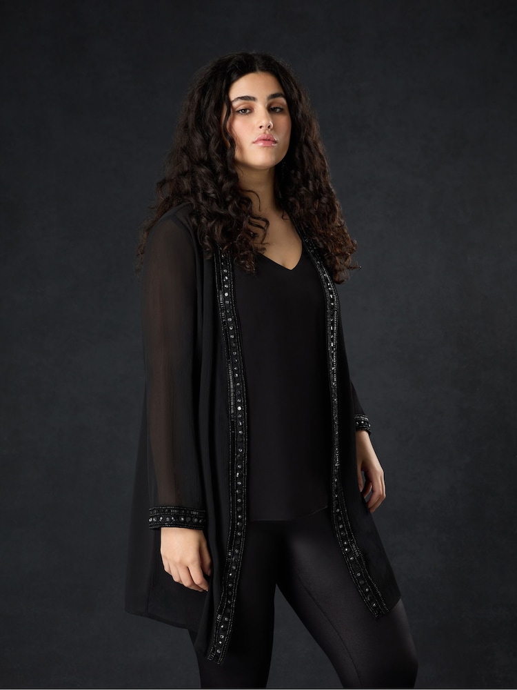 Live Unlimited Black Curve Embellished Chiffon Edge to Edge Jacket - Image 1 of 4