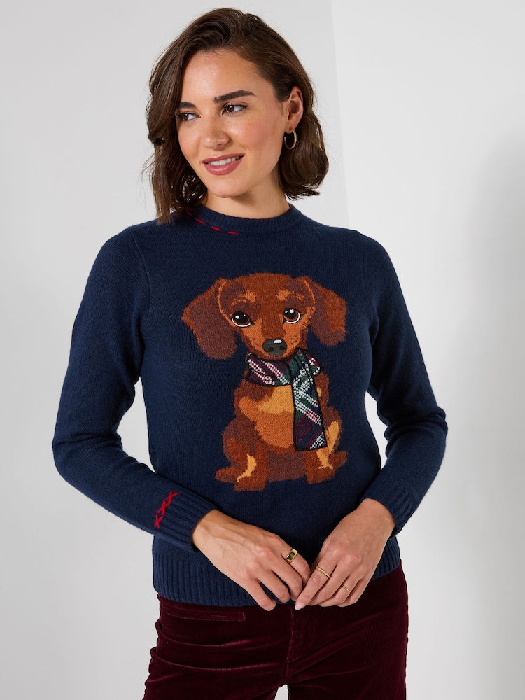 Joe Browns Blue Trixie Embroidered Sausage Dog Jumper - Image 1 of 5 Joe Browns Blue Trixie Embroidered Sausage Dog Jumper - Image 1 of 5