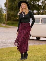 Joe Browns Red Floral Flocked Asymmetric Skirt With Lace Up Detail - Image 1 of 8