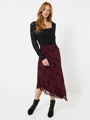 Joe Browns Red Floral Flocked Asymmetric Skirt With Lace Up Detail - Image 3 of 8