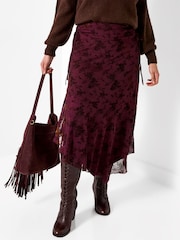 Joe Browns Red Floral Flocked Asymmetric Skirt With Lace Up Detail - Image 5 of 8
