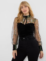 Joe Browns Black High Neck Velvet Top With Embroidered Mesh Sleeves - Image 2 of 7