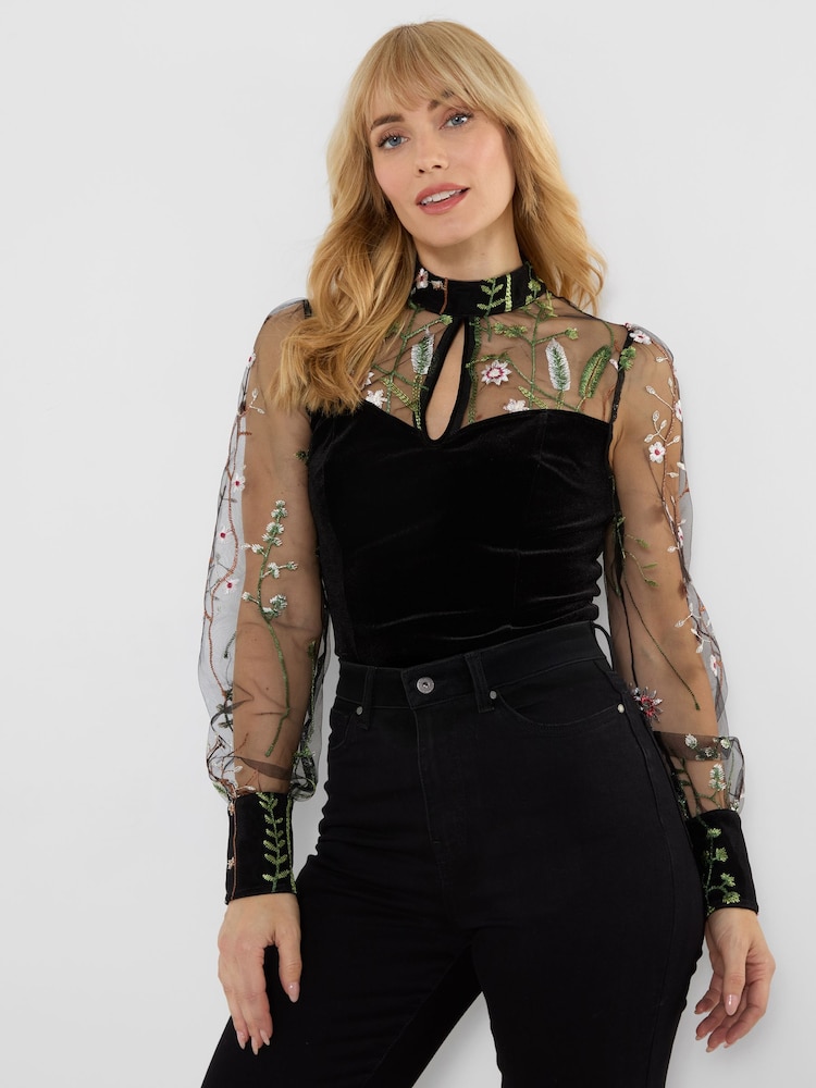 Joe Browns Black High Neck Velvet Top With Embroidered Mesh Sleeves - Image 2 of 7 Joe Browns Black High Neck Velvet Top With Embroidered Mesh Sleeves - Image 2 of 7