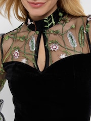 Joe Browns Black High Neck Velvet Top With Embroidered Mesh Sleeves - Image 3 of 7