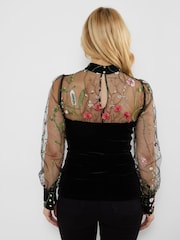 Joe Browns Black High Neck Velvet Top With Embroidered Mesh Sleeves - Image 4 of 7