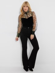 Joe Browns Black High Neck Velvet Top With Embroidered Mesh Sleeves - Image 5 of 7