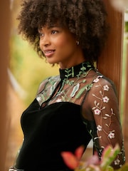 Joe Browns Black High Neck Velvet Top With Embroidered Mesh Sleeves - Image 6 of 7