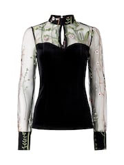 Joe Browns Black High Neck Velvet Top With Embroidered Mesh Sleeves - Image 7 of 7