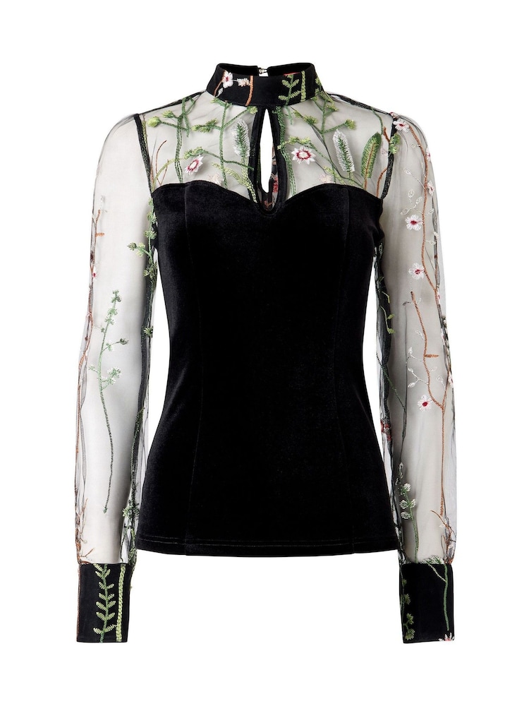Joe Browns Black High Neck Velvet Top With Embroidered Mesh Sleeves - Image 7 of 7 Joe Browns Black High Neck Velvet Top With Embroidered Mesh Sleeves - Image 7 of 7