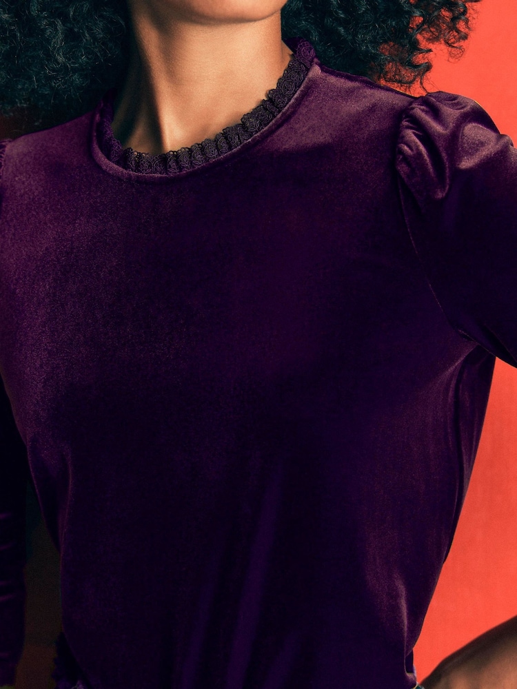 Boden Purple Lace Trim Velvet Top - Image 2 of 5 Boden Purple Lace Trim Velvet Top - Image 2 of 5