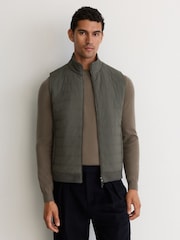 Reiss Army Green Newford Quilted Funnel-Neck Knitted Gilet - Image 1 of 8