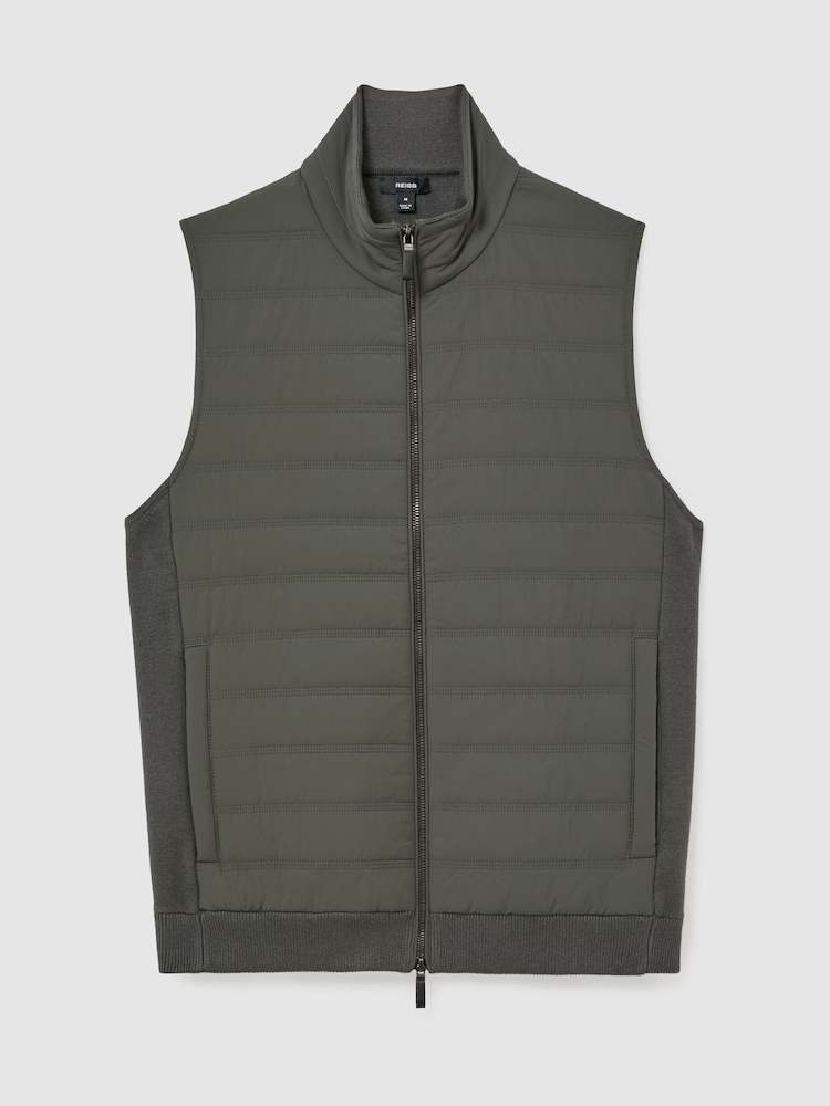 Reiss Army Green Newford Quilted Funnel-Neck Knitted Gilet - Image 2 of 8 Reiss Army Green Newford Quilted Funnel-Neck Knitted Gilet - Image 2 of 8