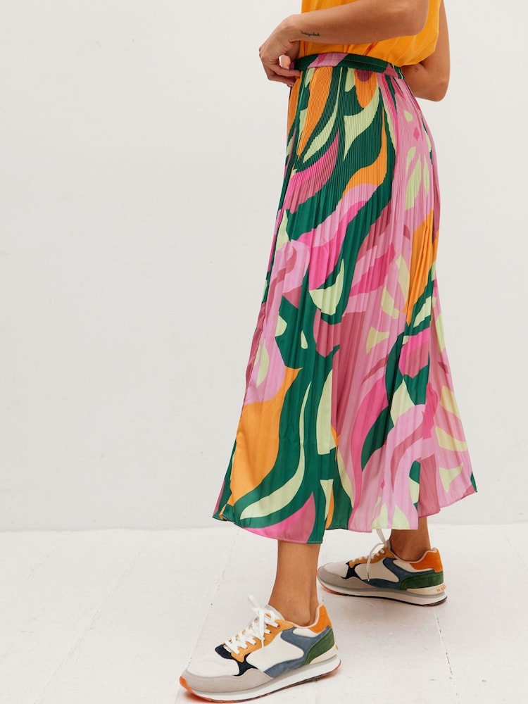Oliver Bonas Green Abstract Swirl Print Plisse Midi Skirt - Image 1 of 8