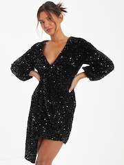 Quiz Black Sequin Mini Dress With Drape Detail - Image 1 of 3