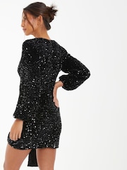 Quiz Black Sequin Mini Dress With Drape Detail - Image 2 of 3