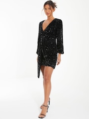 Quiz Black Sequin Mini Dress With Drape Detail - Image 3 of 3