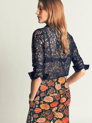 Boden Blue Lace Trim Velvet Top - Image 3 of 5