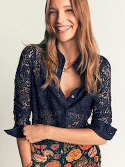 Boden Blue Lace Trim Velvet Top - Image 4 of 5