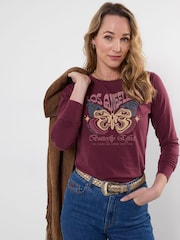 Joe Browns Red Long Sleeve Butterfly Graphic T-Shirt - Image 2 of 5