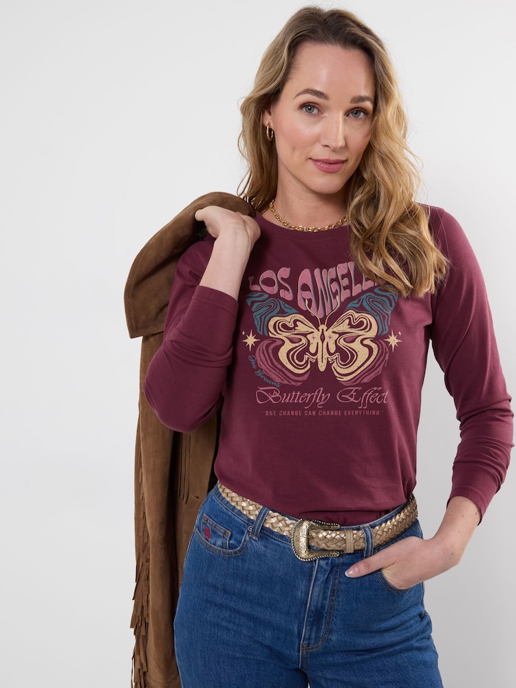 Joe Browns Red Long Sleeve Butterfly Graphic T-Shirt - Image 2 of 5 Joe Browns Red Long Sleeve Butterfly Graphic T-Shirt - Image 2 of 5