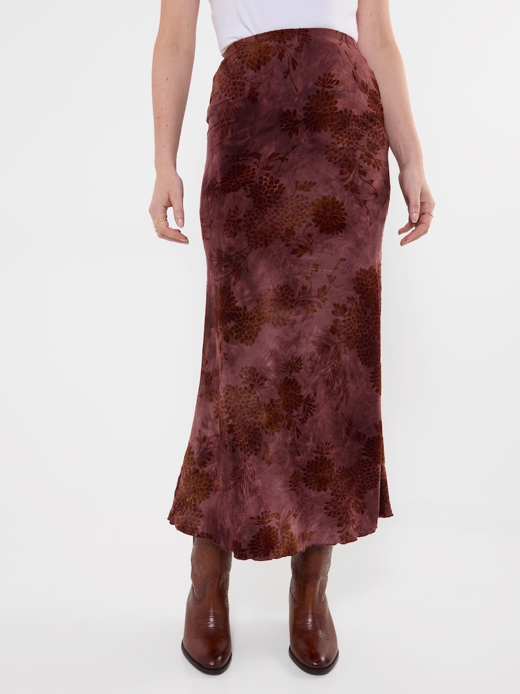 Joe Browns Red Floral Flocked Maxi Skirt With Washed Effect - Image 1 of 6 Joe Browns Red Floral Flocked Maxi Skirt With Washed Effect - Image 1 of 6