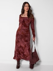 Joe Browns Red Floral Flocked Maxi Skirt With Washed Effect - Image 4 of 6