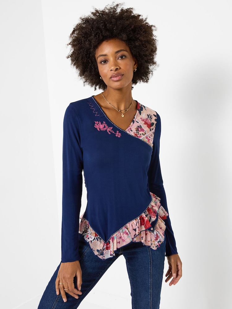Zils - Joe Browns Chloe V-Neck Jersey Top With Floral Printed Trim - Attēls 1 no 6
