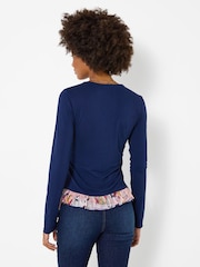 Zils - Joe Browns Chloe V-Neck Jersey Top With Floral Printed Trim - Attēls 4 no 6