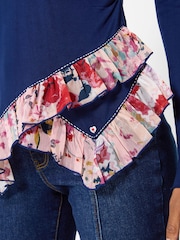 Zils - Joe Browns Chloe V-Neck Jersey Top With Floral Printed Trim - Attēls 5 no 6