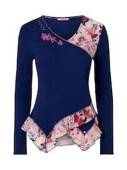 Zils - Joe Browns Chloe V-Neck Jersey Top With Floral Printed Trim - Attēls 6 no 6